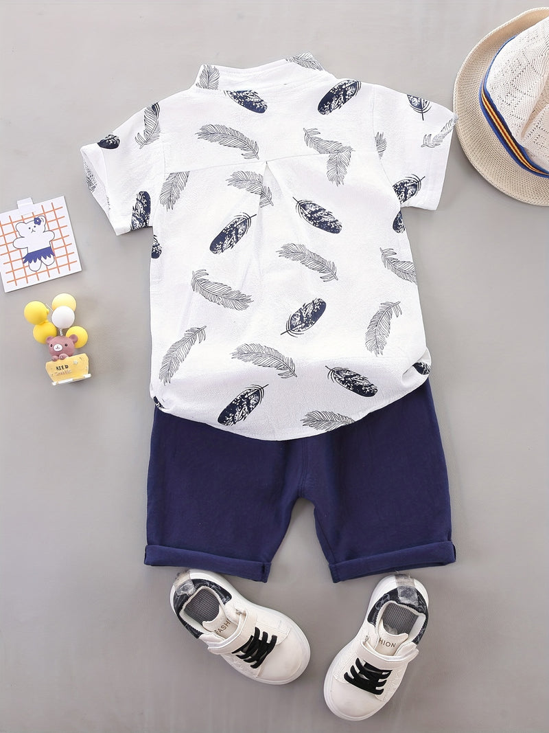 2pcs Boys' Casual Feather Shirt and Shorts Set Vibrant Yellow with Blue Accents.