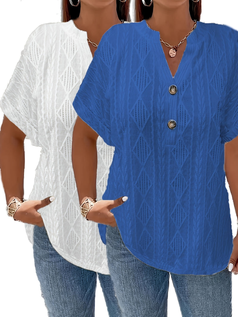 Women's Short-Sleeve V-Neck Solid Color Jacquard Hollow-Out Two-Piece T-Shirt.