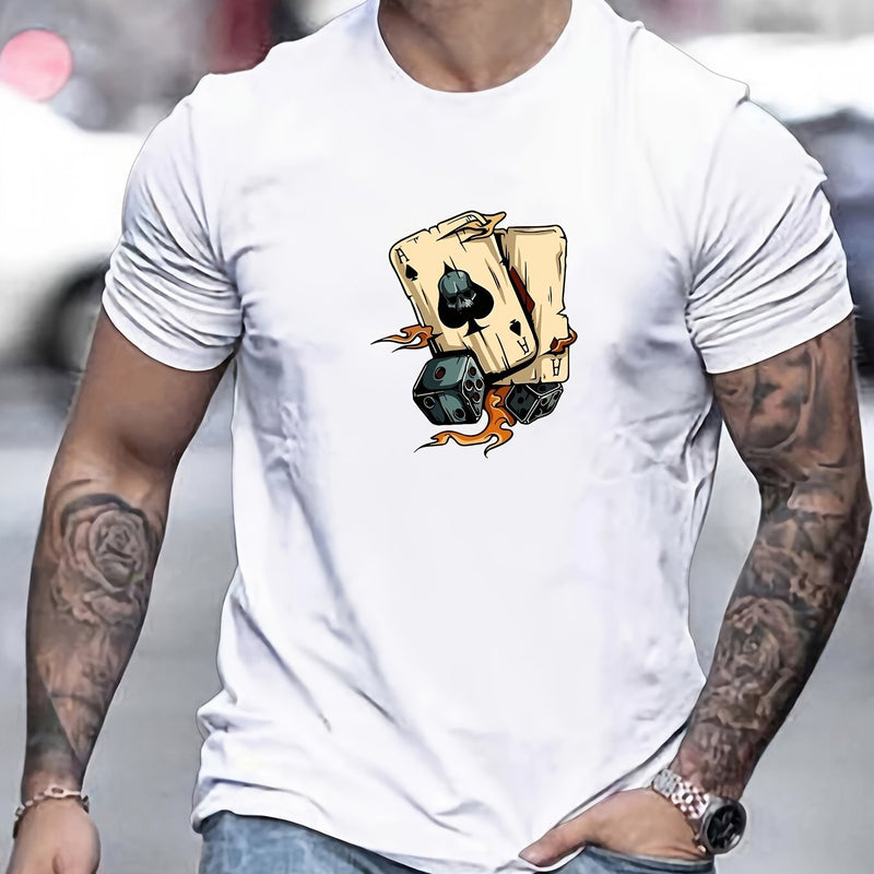 Men's Poker Card Pattern Summer Casual Crew Neck Short T-Shirt.