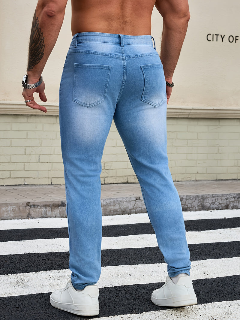Men's Skinny Ripped Jeans Medium Stretch, Solid Color, All-Season Fit.