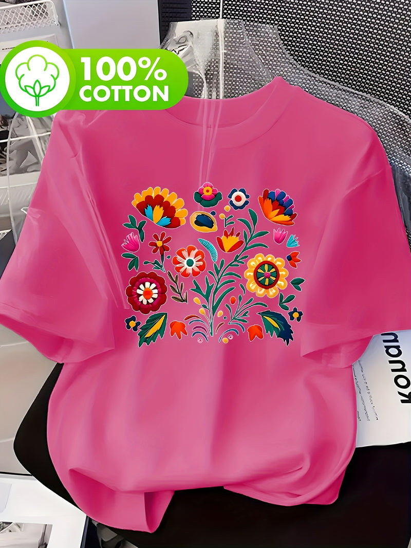 Women’s Casual Short-Sleeve T-Shirt with a Floral Graphic Print.