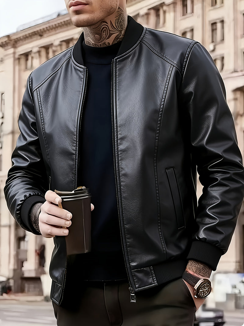 Men'S Fashionable Windproof Black Faux Leather Jacket | Zipper Closure.