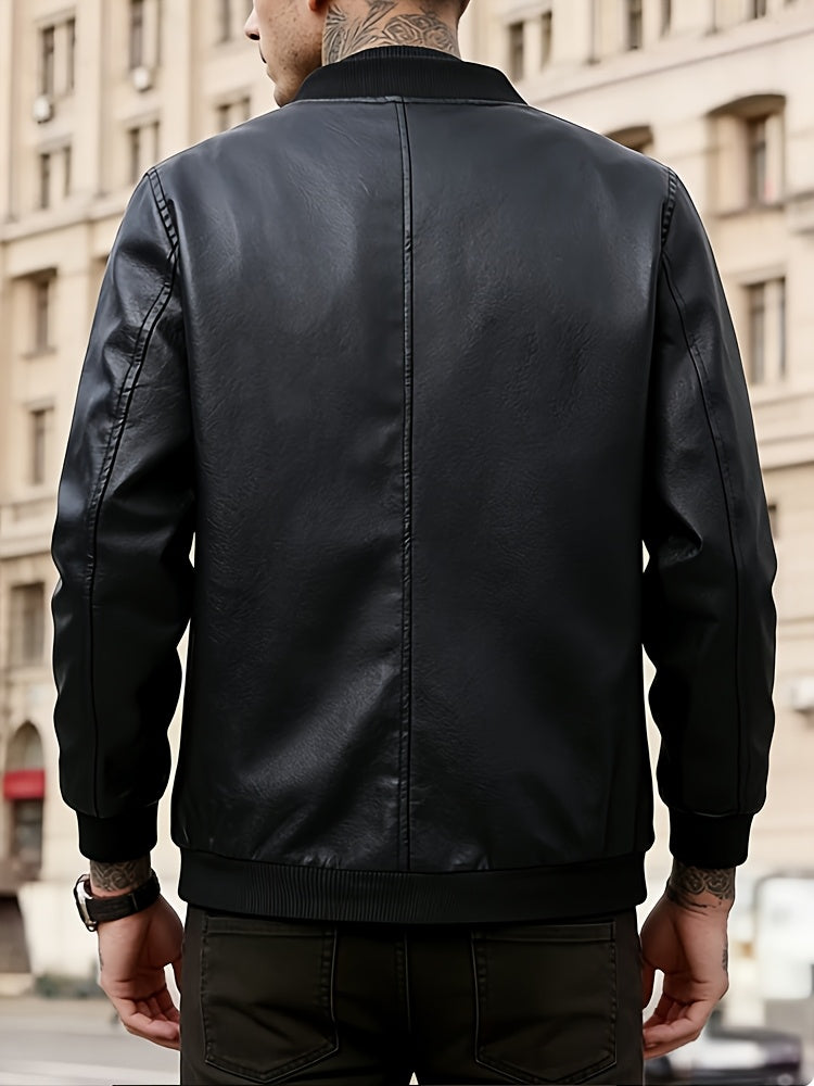 Men'S Fashionable Windproof Black Faux Leather Jacket | Zipper Closure.