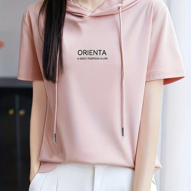 Summer New Korean Version Loose Short Sleeve Thin Trendy Printed Hooded T-Shirt for Women.