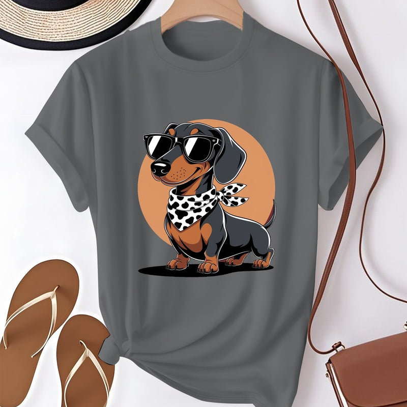 Women's T-Shirt Featuring a Cartoon Dachshund Wearing Glasses.