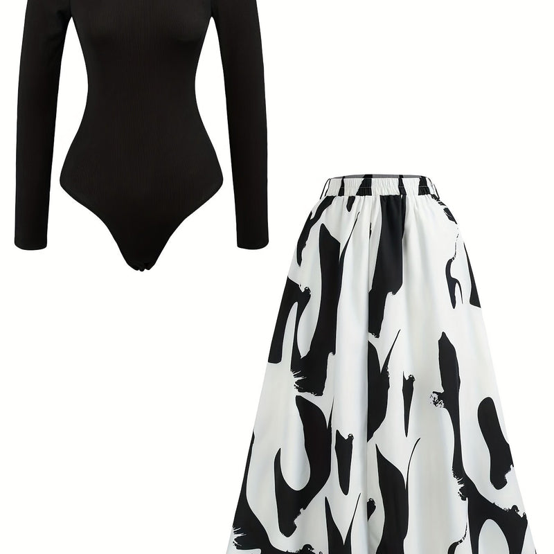 Women's Printed Chiffon High-Waist A-Line Skirt with Fashionable Tank Top.