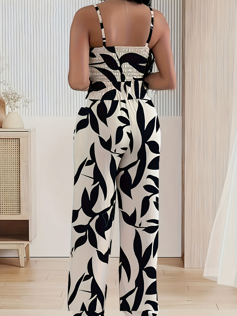 2-piece Women's Set with Thin Strap Stretch Camisole and Wide-leg Pants.