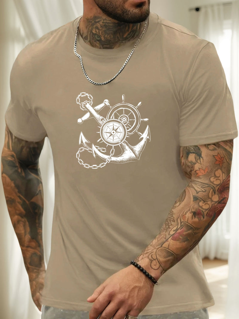 Men's Casual Summer T-Shirt with Anchor and Compass Graphic.