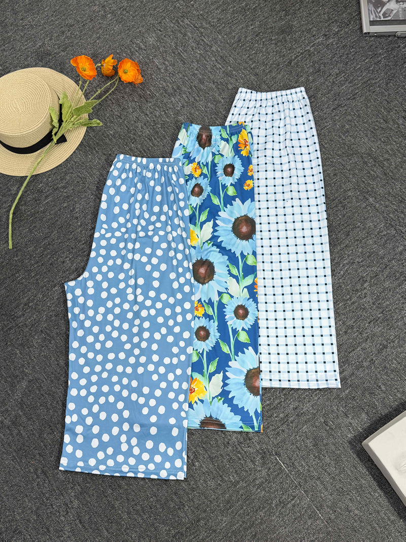 3pcs Women's Tropical Style 3/4 Shorts and Pants Set in Polka Dot.