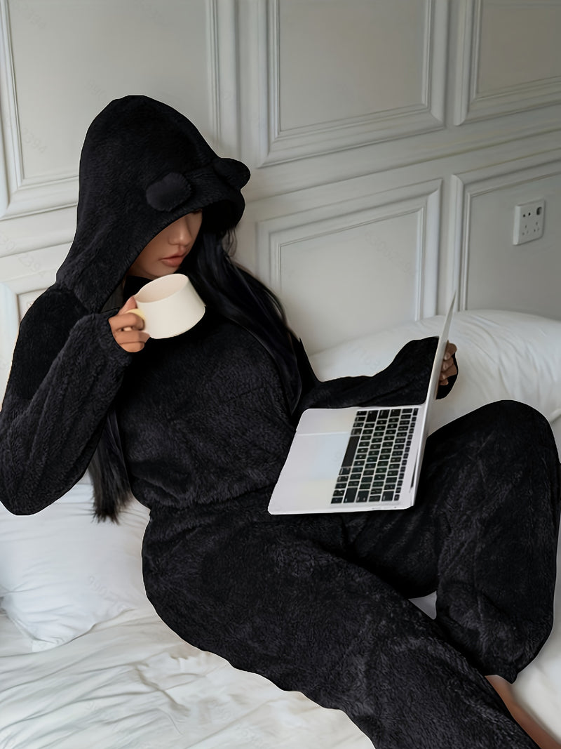 Women's Khaki Fluffy Casual Loose Double-Sided Fleece Set.