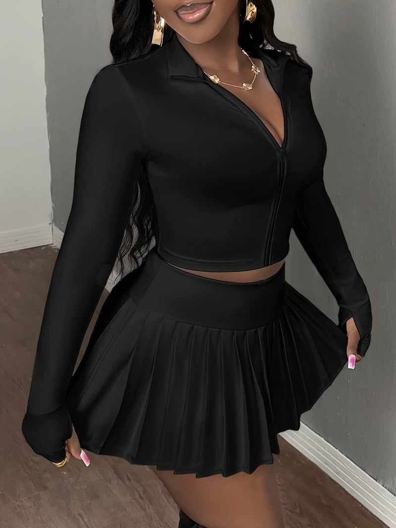 2pcs Women'S Casual V-Neck Zip-Up Top And Pleated Mini Skirt Set.