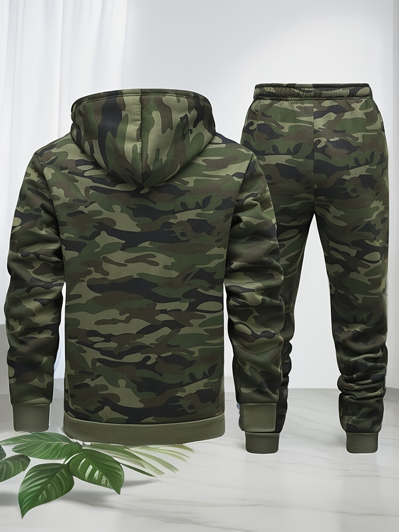 Men's Camouflage Print Hooded Sweatshirt and Jogger Set.