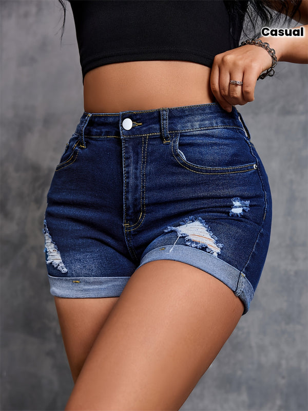 Women's Pocketed Fitted Casual Ripped Denim Shorts.