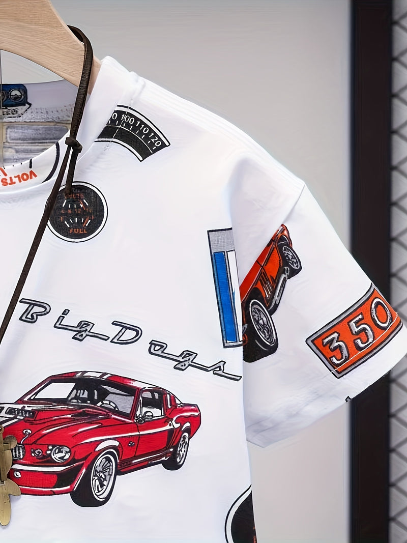Boys' Outdoor Casual Fashion Summer Short Sleeve T-Shirt and Shorts Set with Car Print.