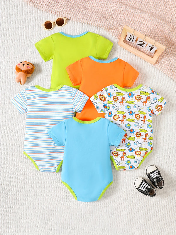 A Set of 5 New Spring And Summer Triangle Bodysuits for Newborns.