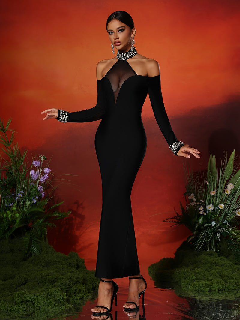 Ladies' Fashion Design Diamond Mesh Spliced Backless Evening Dress.