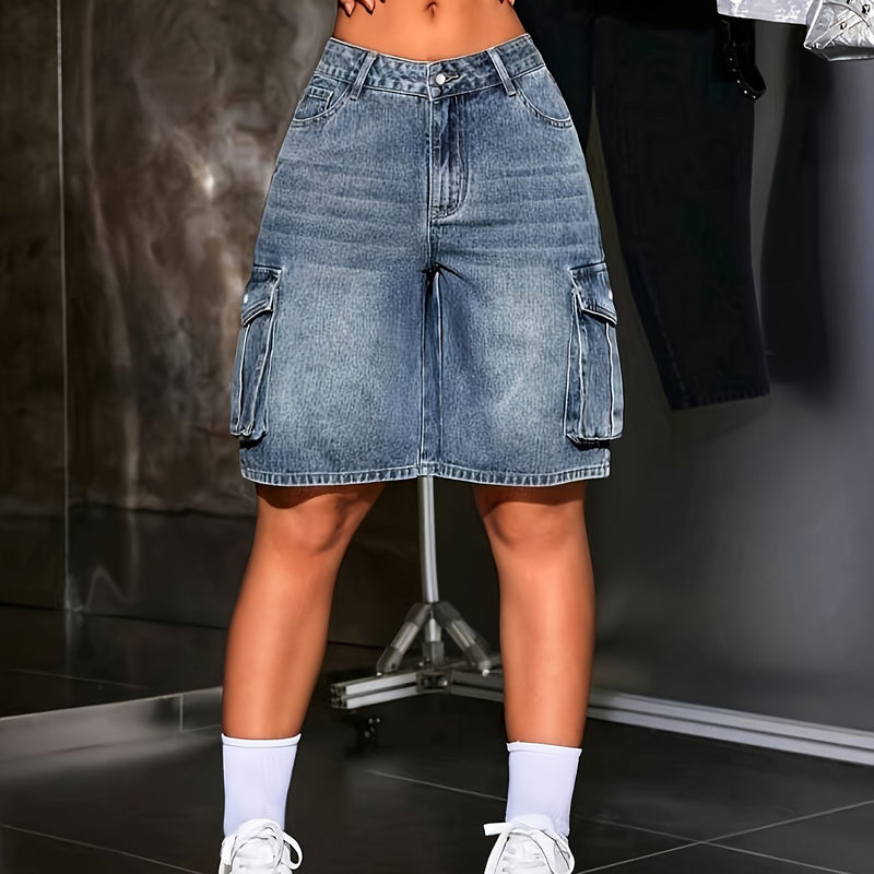 Women's Summer Blue Stretchy Multi-Pocket Casual Bermuda Denim Shorts.