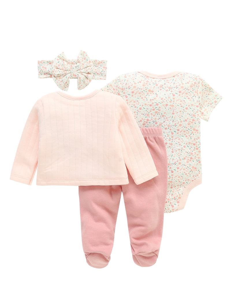 Four-Piece Infant Romper, Long-Sleeve Top, and Footed Pants Set.