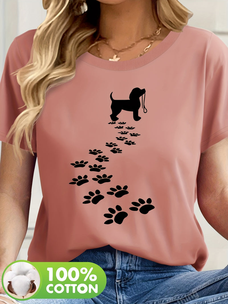 Women's Casual Short Sleeve T-Shirt with Dog Silhouette & Paw Print Graphic.
