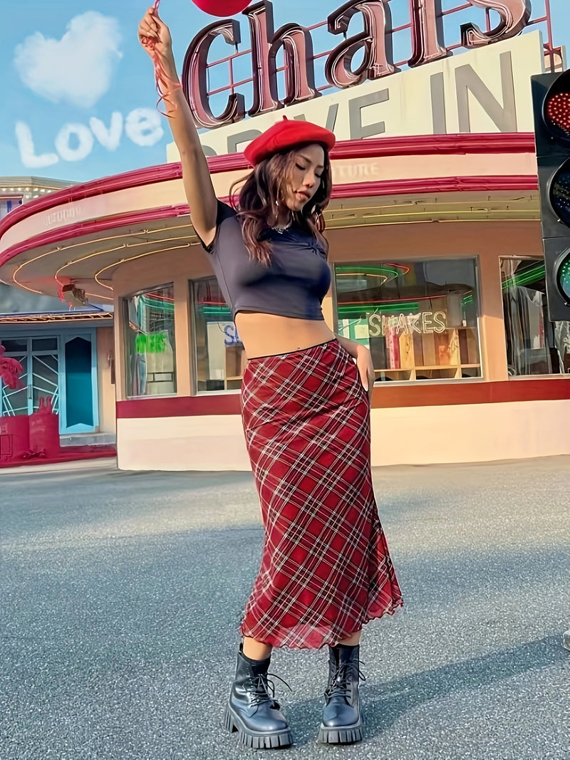 Women's Spring/Summer Floral Ruffle Hem Midi Skirt with Plaid Print.