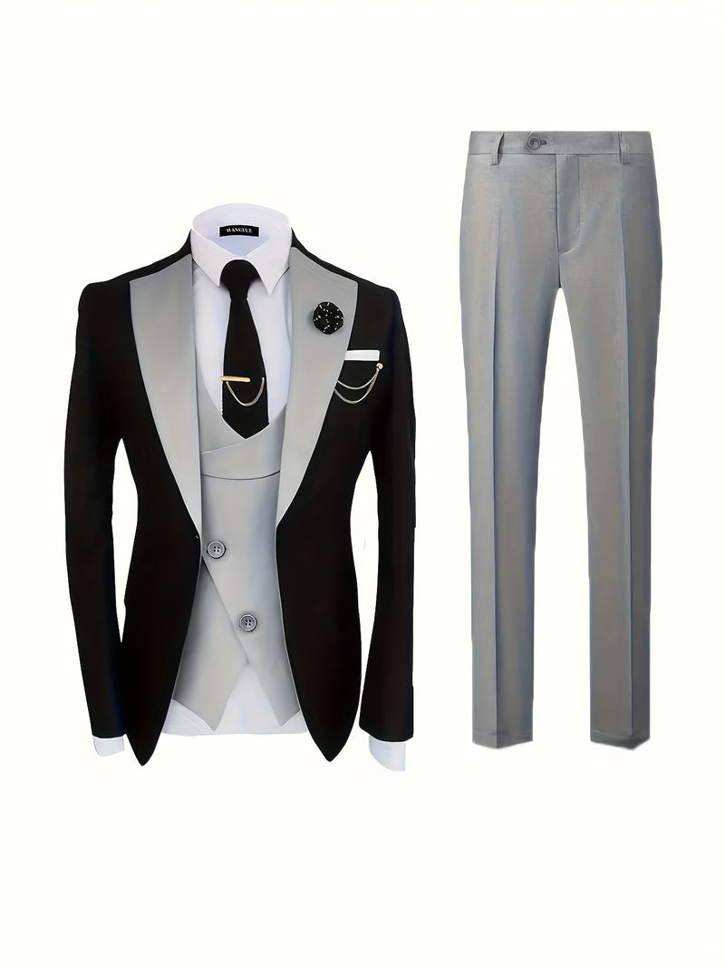 Men's 3pcs Suit Set, Blazer + Vest + Trousers.