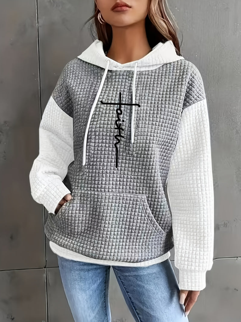 Women's Casual Oversized Hoodie with Checkered Texture & Letter Print.
