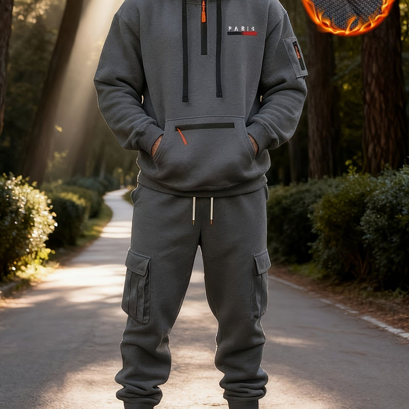 Men's Halloween Paris Letter Print Hoodie & Drawstring Cargo Jogger.