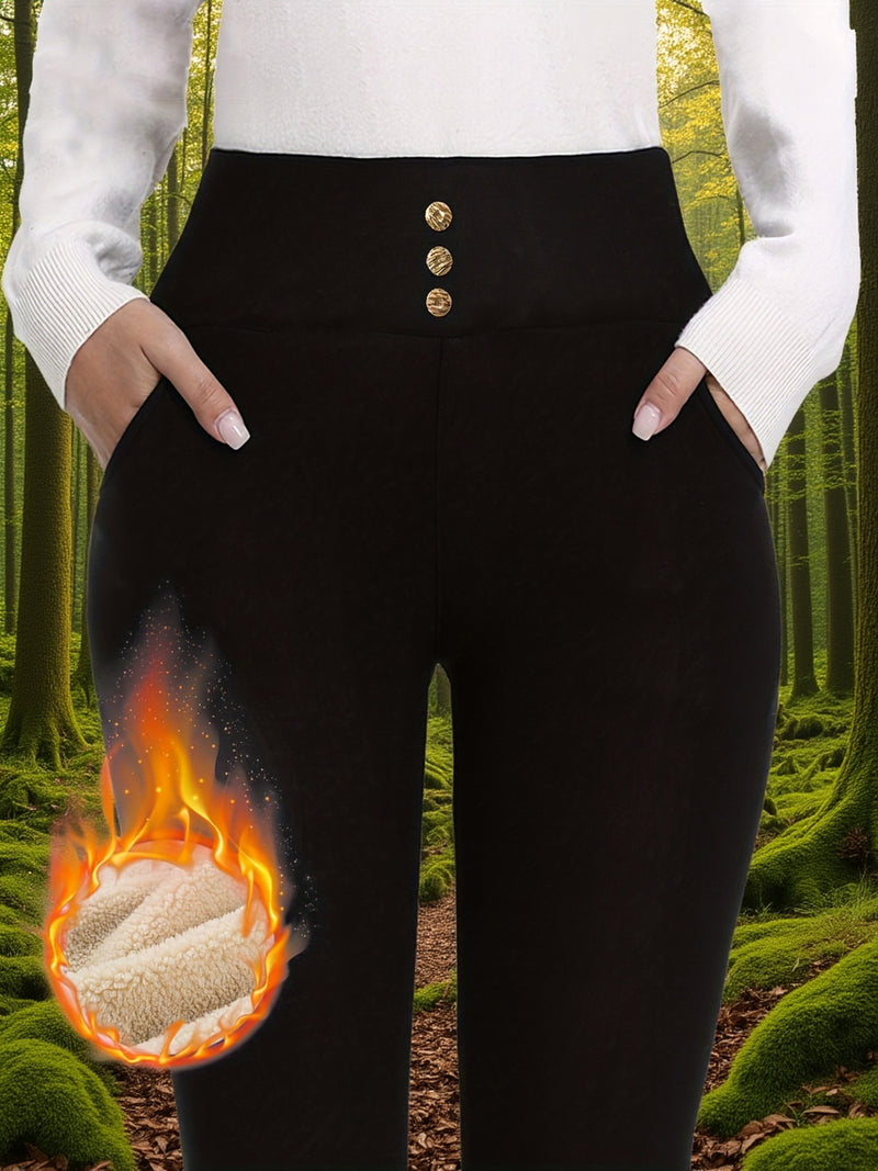 Women's High-Waisted Thermal Leggings with Button Pockets.