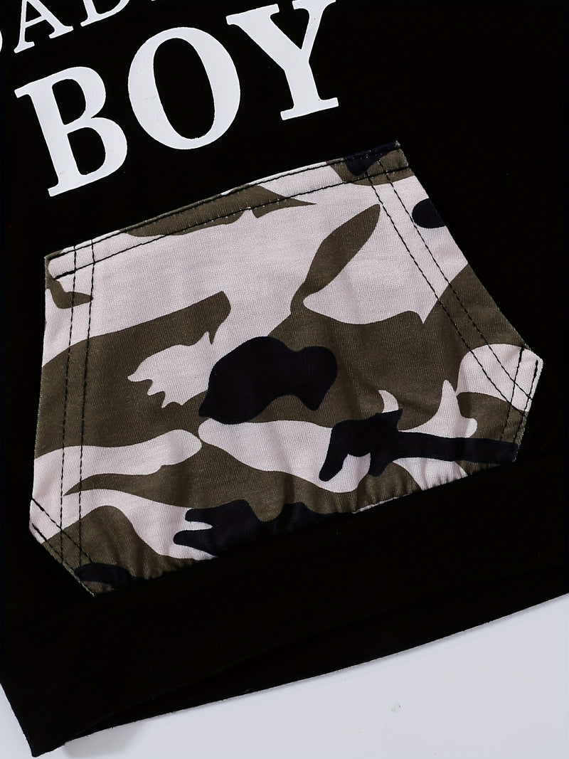 Baby Letter Slogan Print Camo Pocket Hoodie & Camo Pants Set, for Outdoor.