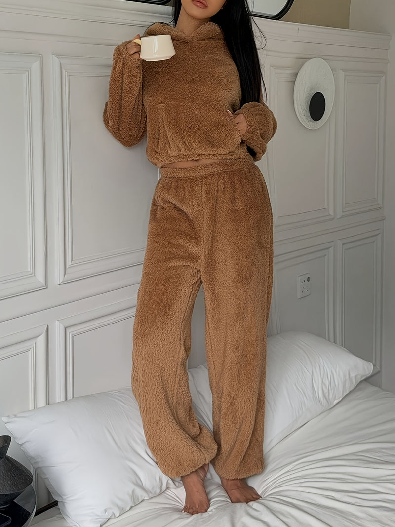 Women's Khaki Fluffy Casual Loose Double-Sided Fleece Set.