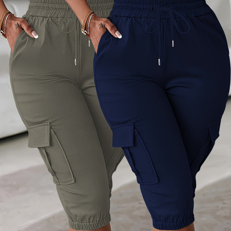 2pcs Women's Cargo Shorts Set Elastic Waist Fashionable Style.