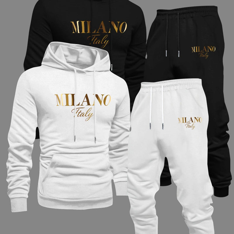 Men's Fashion Slogan Hoodie Four-Piece Set with Drawstring Elastic.