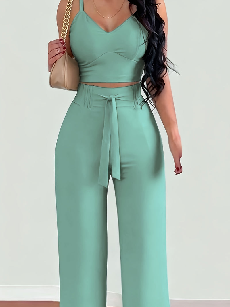 2-piece Women's Set with Thin Strap Stretch Camisole and Wide-leg Pants.
