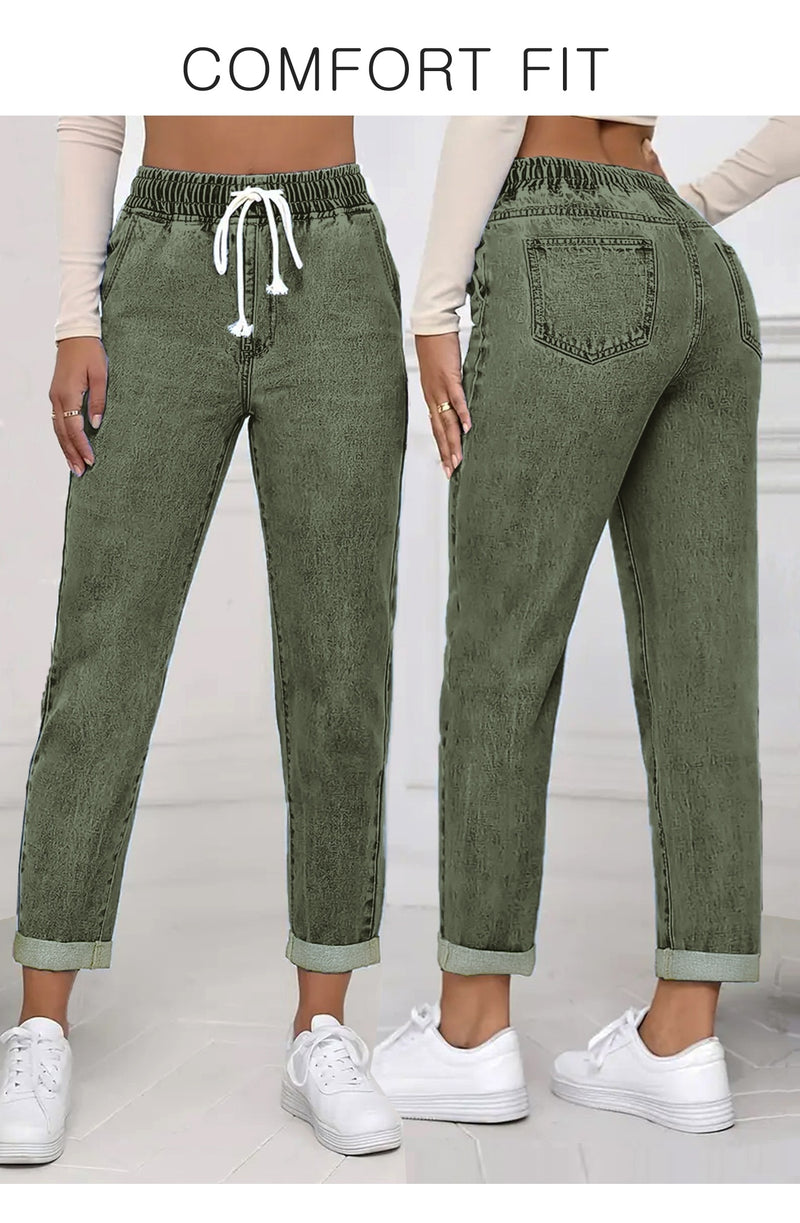 Women's stretch elastic waist drawstring slim fit jeans.