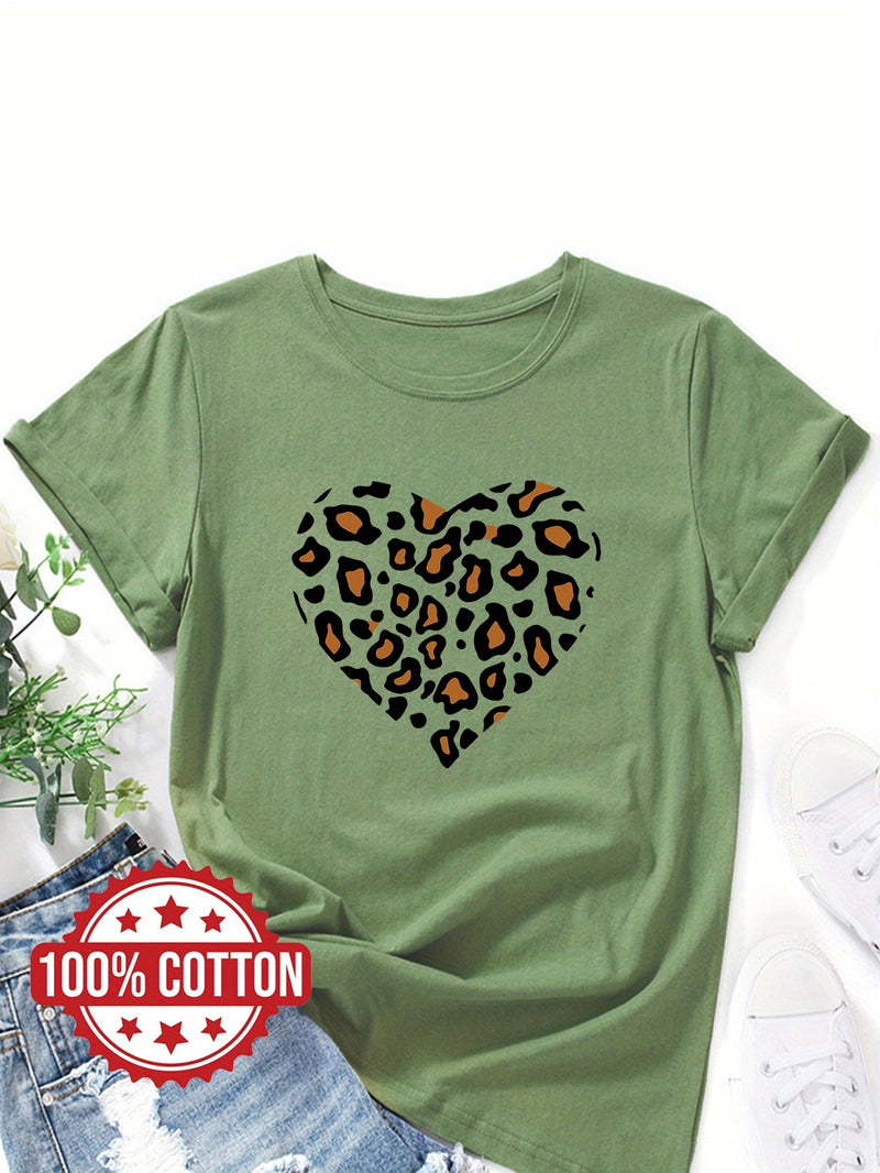 Women's "Leopard-print Heart" Graphic Print T-Shirt.