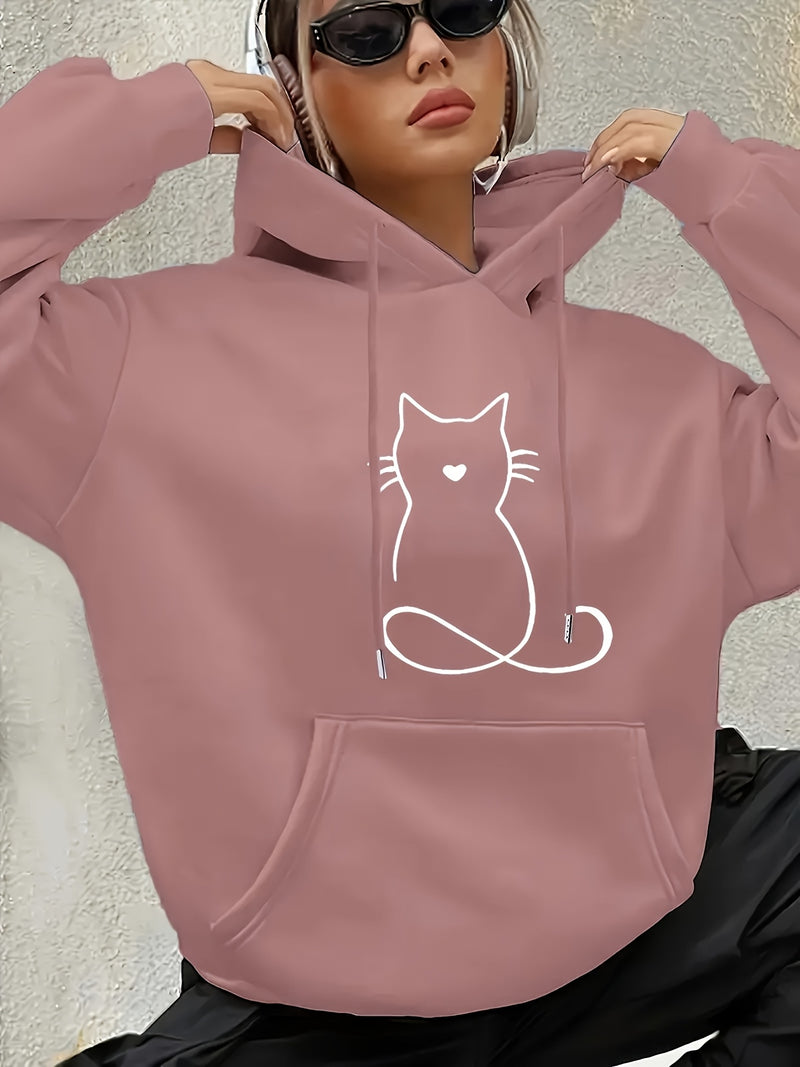 Women's Casual Cat Print Hoodie.