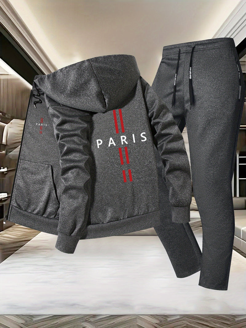 Men'S Trendy Fall/Winter Hooded Jacket and Pants Set, Paris Casual Business.