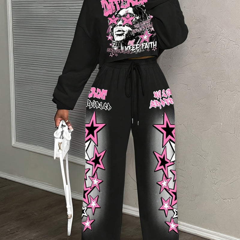Fashion Women's Long-sleeve Sweatshirt and Pants Set with Star Print.