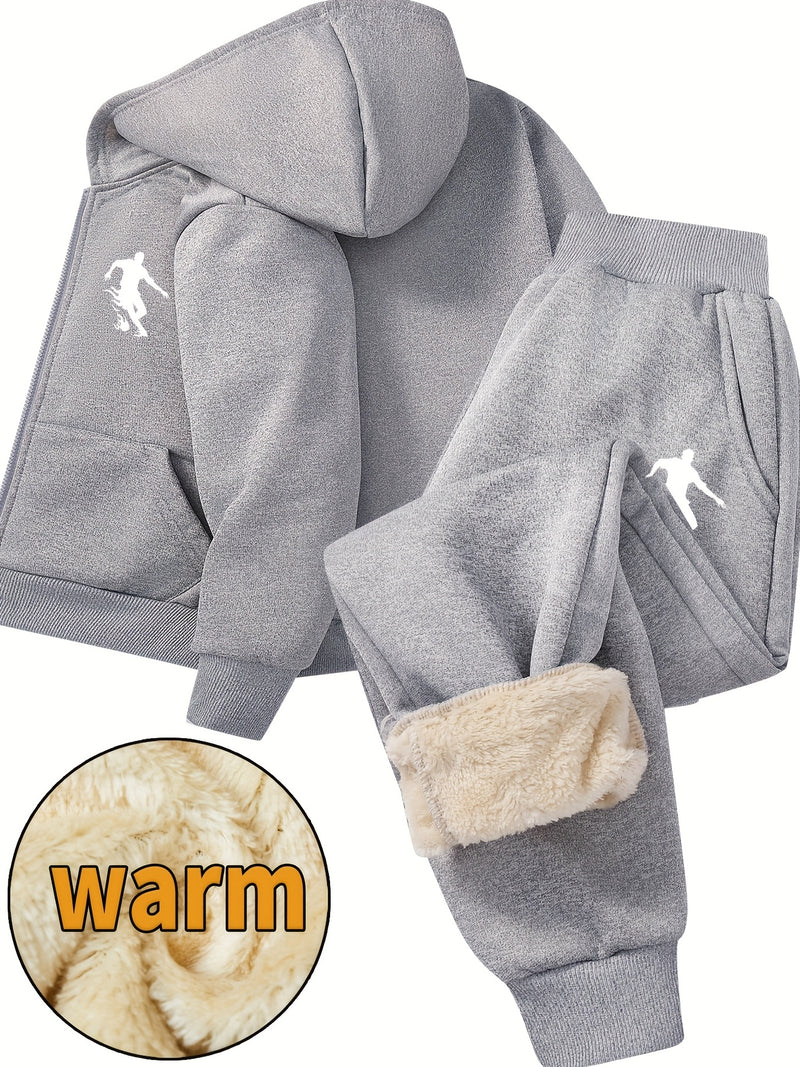 Boys Thick Plush-Lined Zip-Up Jacket + Pants Set.