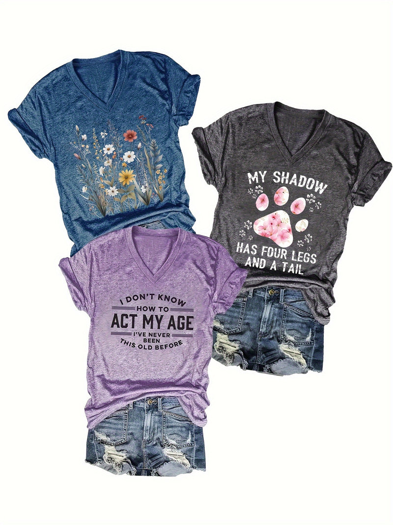 3pcs Women's V-Neck T-Shirts - Casual Short Sleeve.