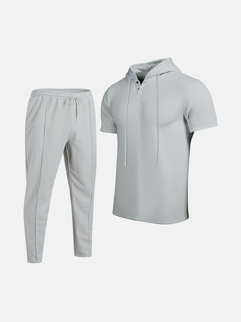 Men's set short sleeved hooded top with drawstring elastic waistband.