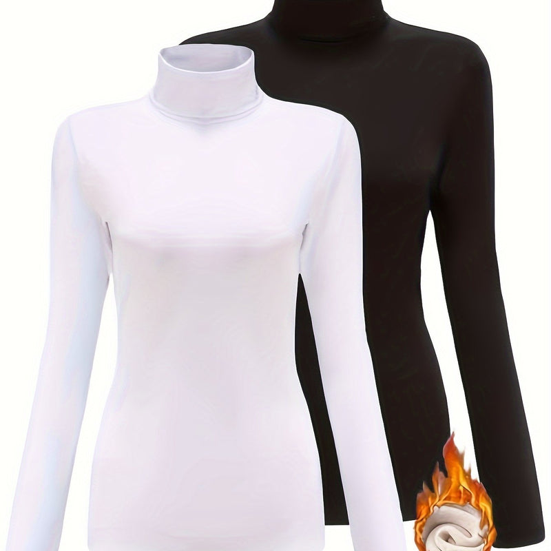 Women's High Collar T-Shirt Autumn And Winter Fleece Lining Warm Long-Sleeved.