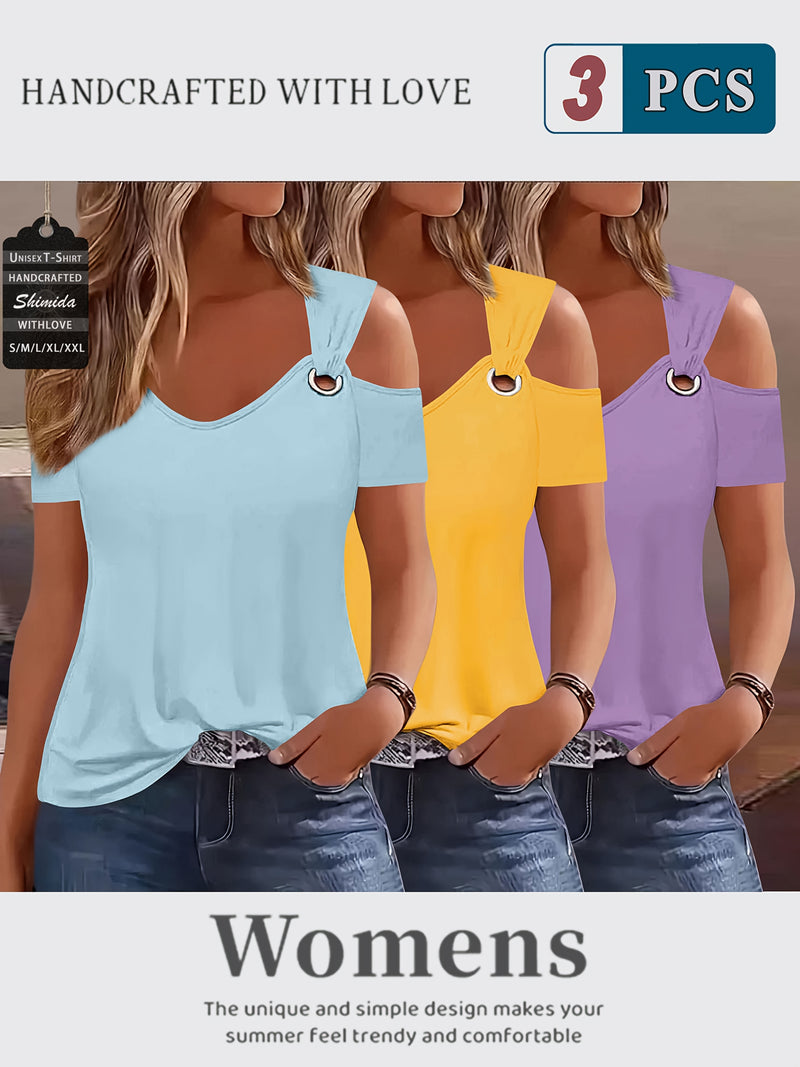 Three-Piece Summer Off-Shoulder Short-Sleeve T-Shirt for Women.