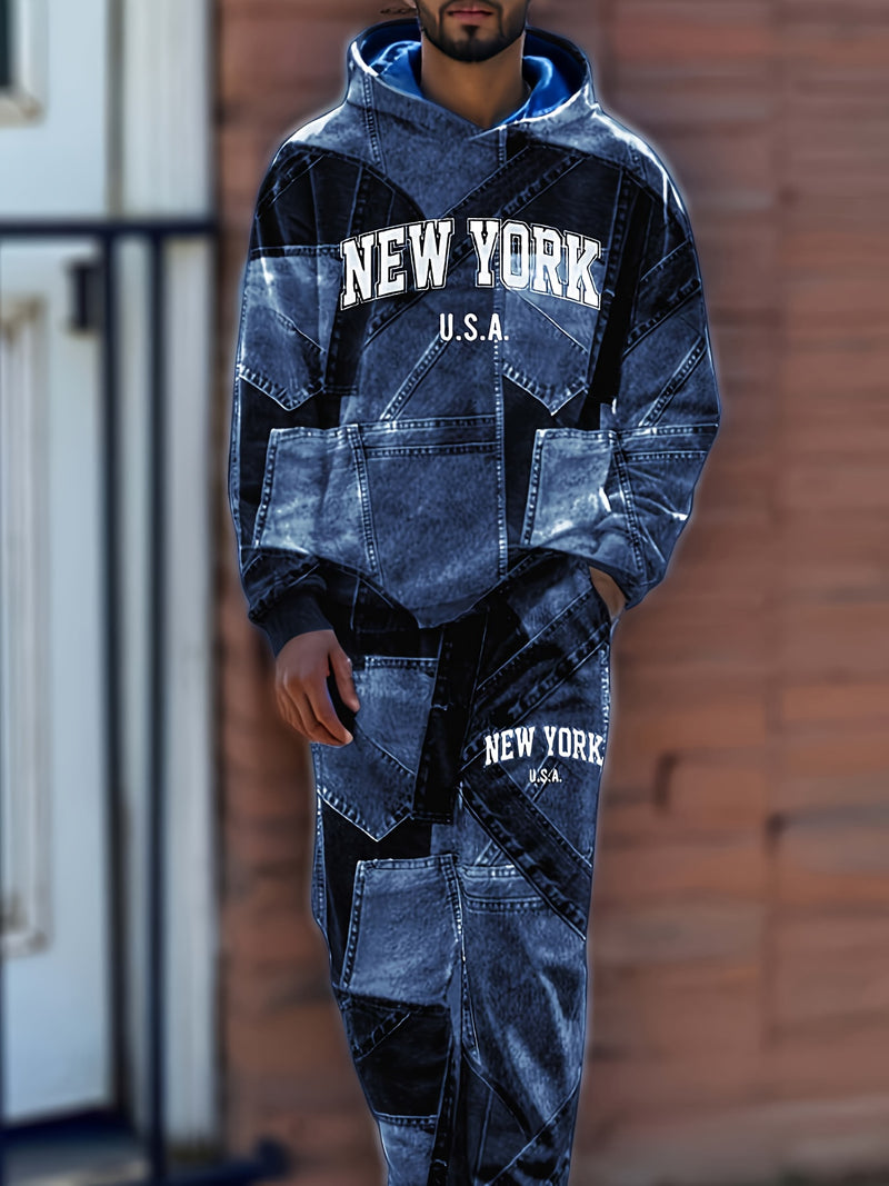 Men's Autumn Lettered Faux Denim Effect Hoodie And Sweatpants Two-Piece.