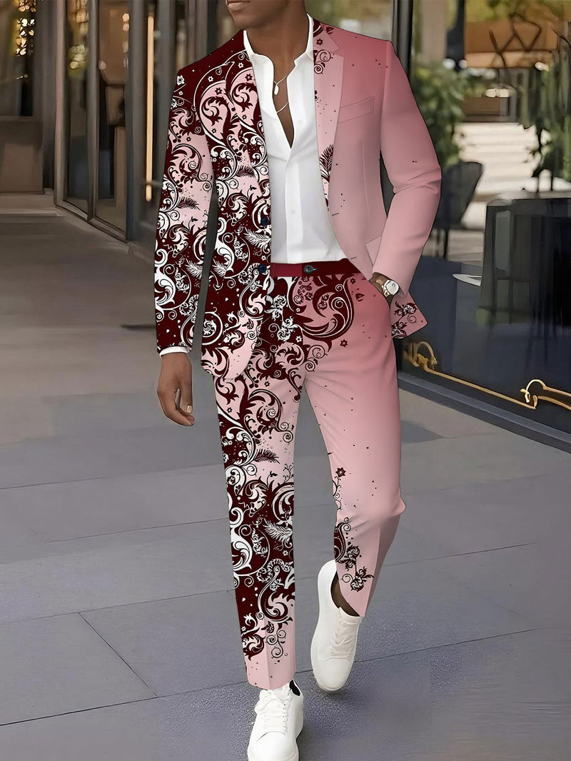 Men'S Suit Set, Featuring a Classic Deep Red Gradient Floral Pattern.