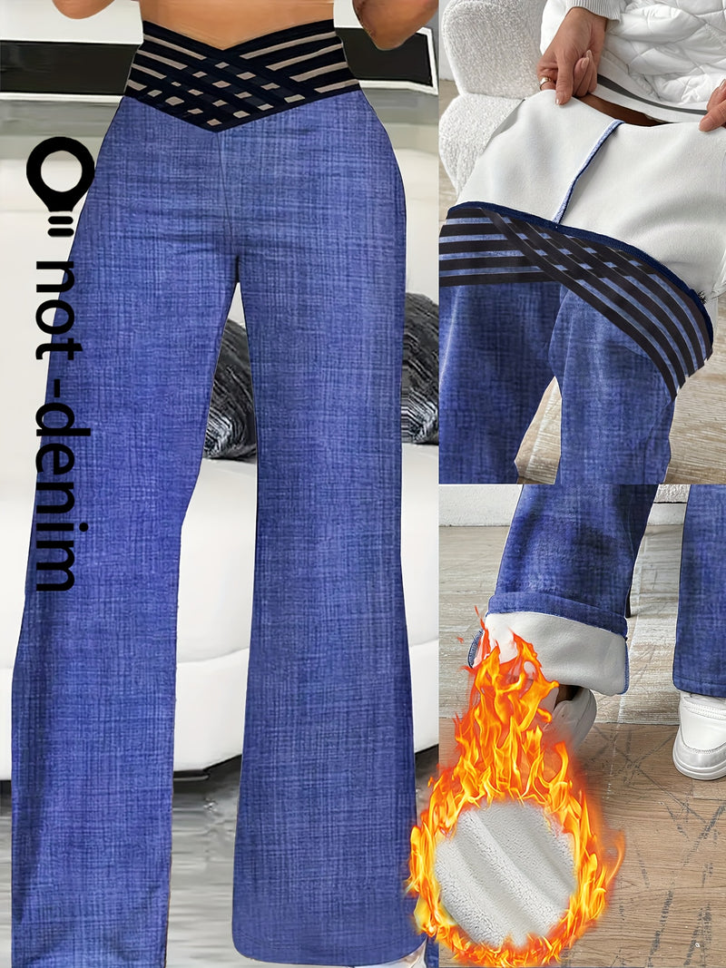 Women's Wide-Leg Long Pants with a Faux Denim Print.