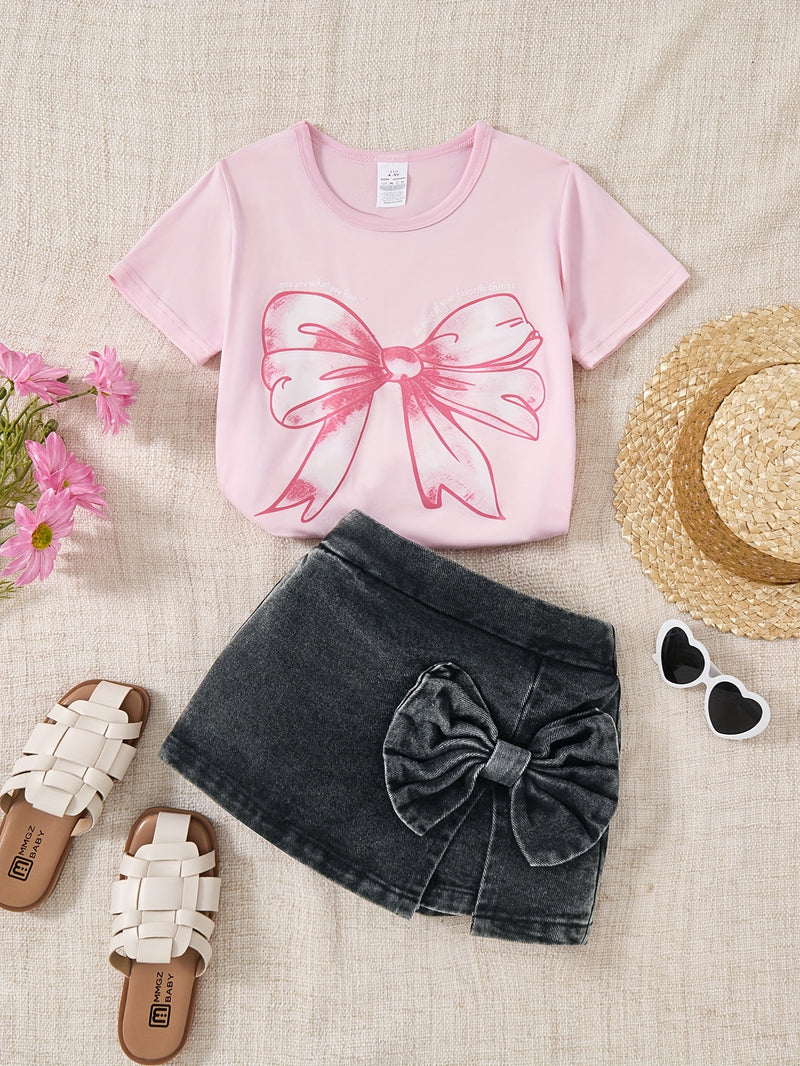 Summer Denim Set, Pink Printed T-Shirt + Black Bow Shorts Two-Piece Outfit.