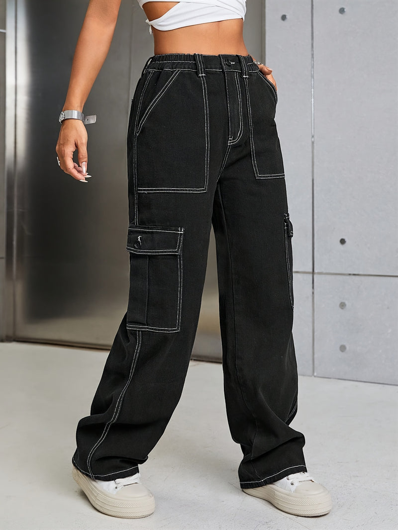 Women's Autumn And Winter Washed Black Slim-Fit Denim Work Pants.