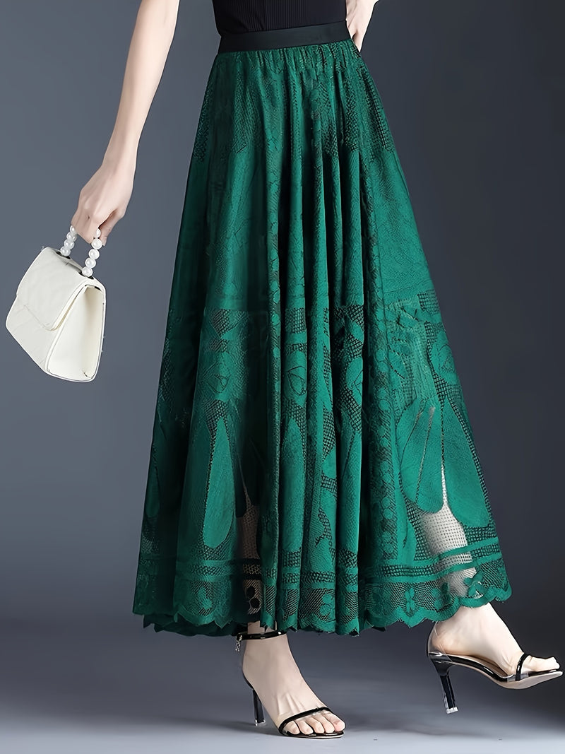 Elegant Women's A-Line Lace Skirt - Long Pleated Design.