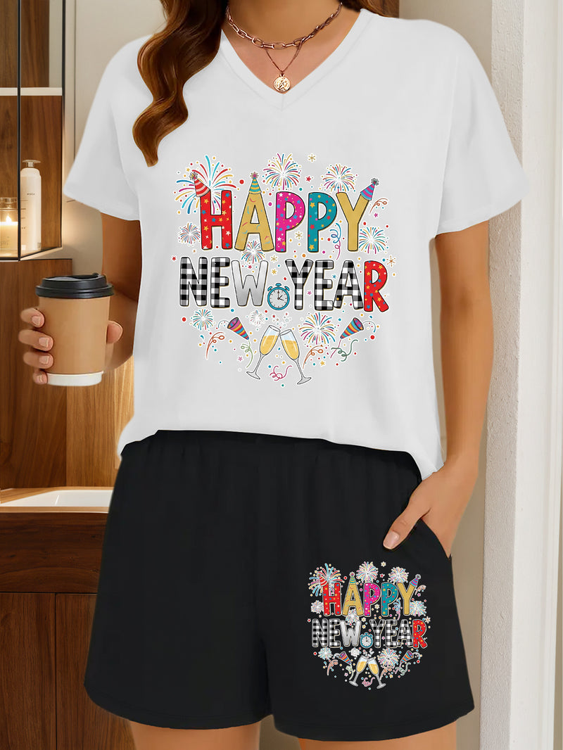 2pcs Women's Y2K Elegant V-Neck Short-Sleeve Blouse & Matching Shorts.